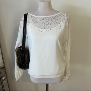 NWT Cache Ivory Rhinestone Blouse Sheer Sleeve Party Top Size M white embellish